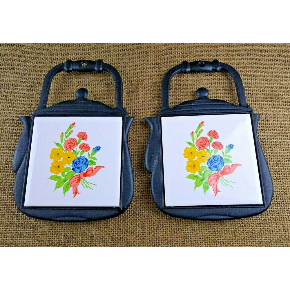 Cast Iron and Tile Trivets Blue Orange Yellow Flowers Japan Teapot Shape 2 Pc